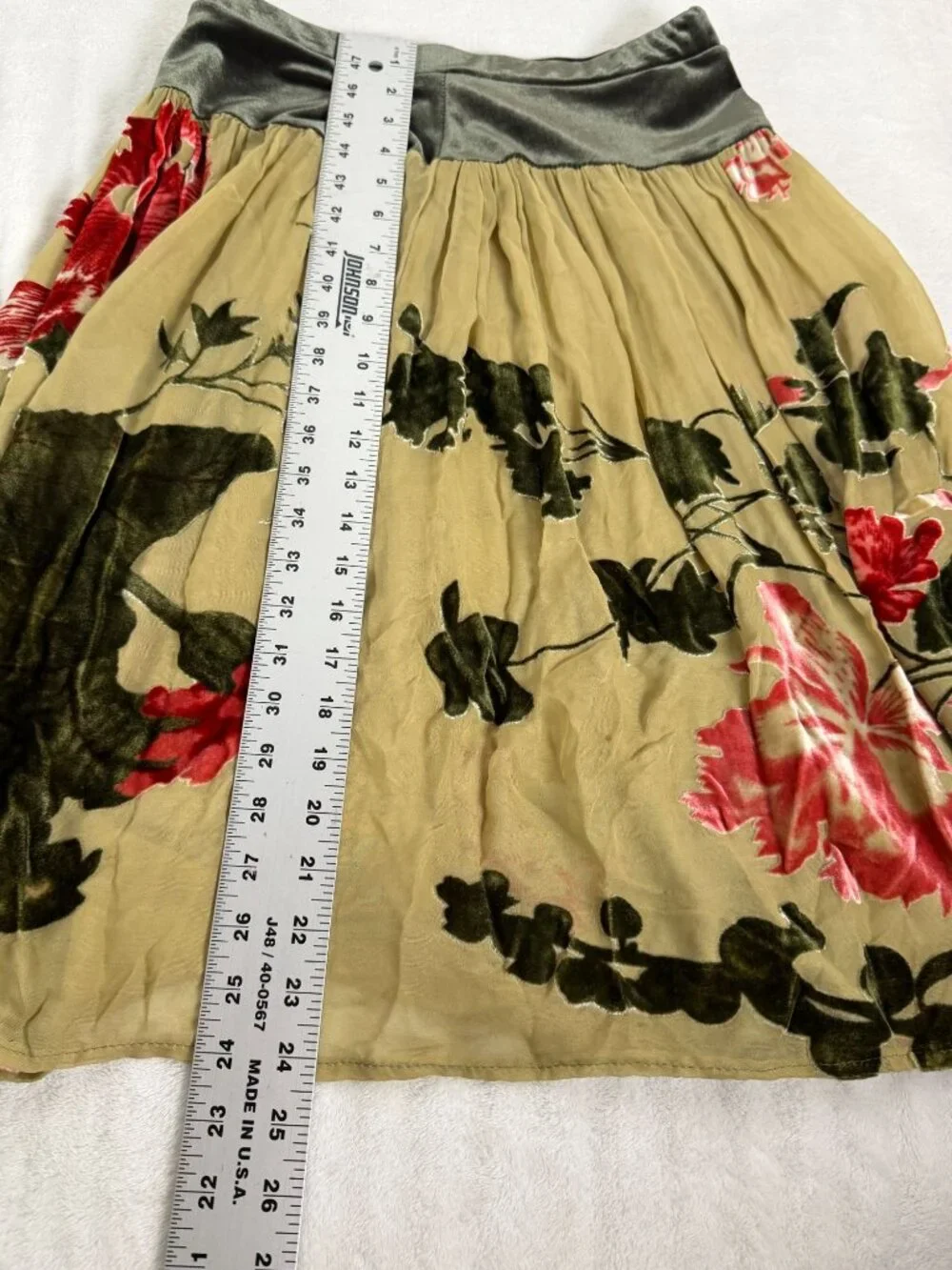 Velvet Burnout Floral Pleated Skirt Silk Blend Olive Green Beige Red Botanical